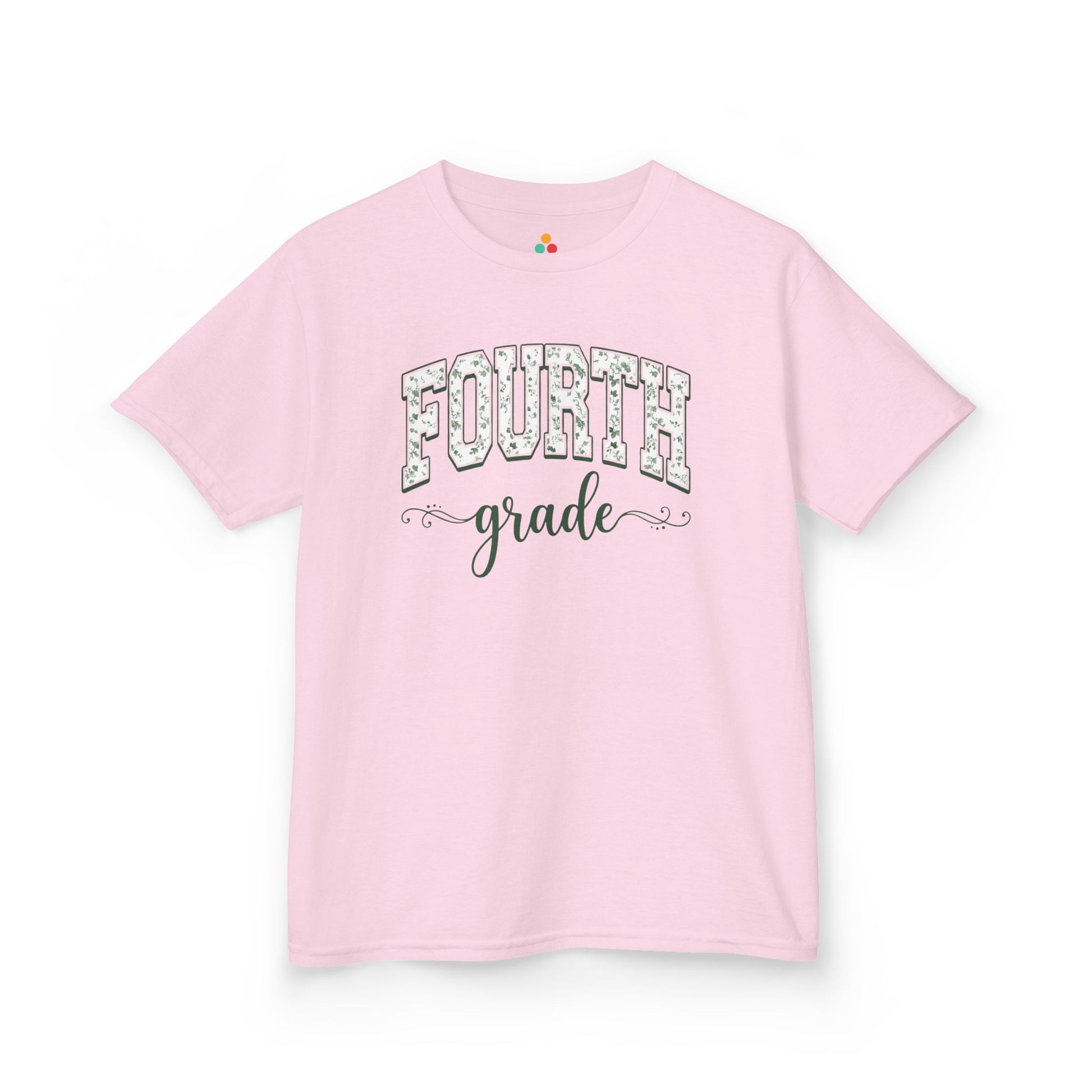 Matching pink fourth grade shirt by TEEZOCA in sage florals, worn by a child stepping into the new school year.
