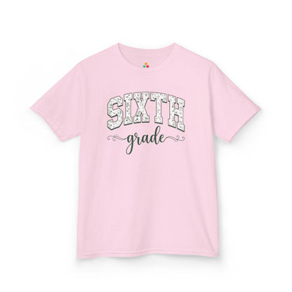 Matching pink sixth grade shirt by TEEZOCA in sage florals, worn by a child stepping into the new school year.
