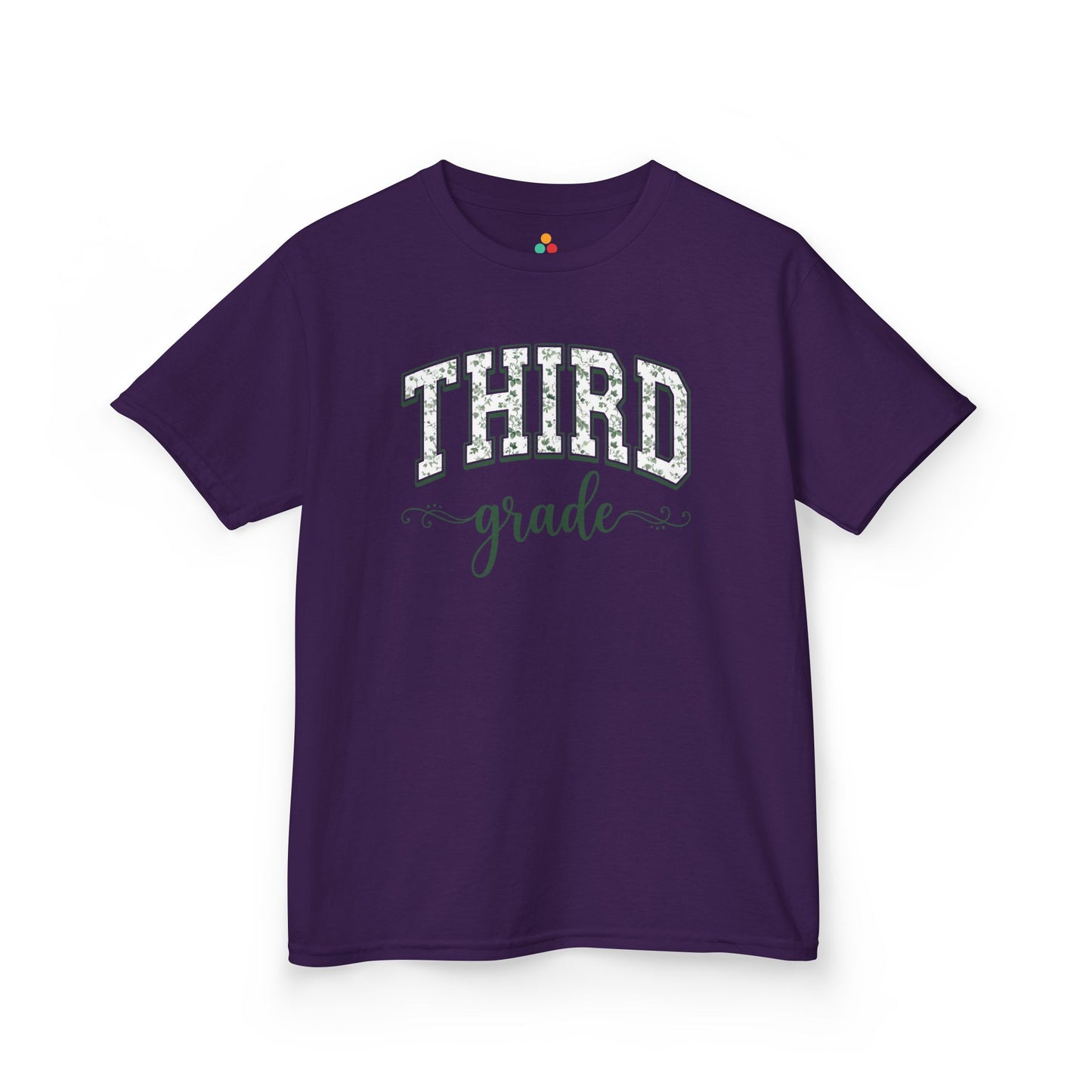 Matching purple third grade shirt by TEEZOCA in sage florals, worn by a child stepping into the new school year.
