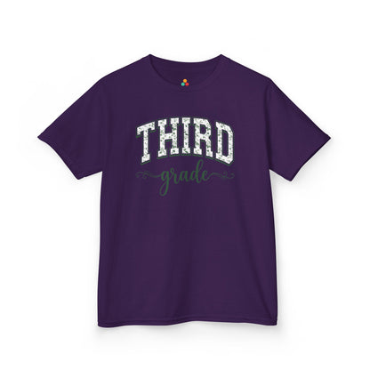 Matching purple third grade shirt by TEEZOCA in sage florals, worn by a child stepping into the new school year.
