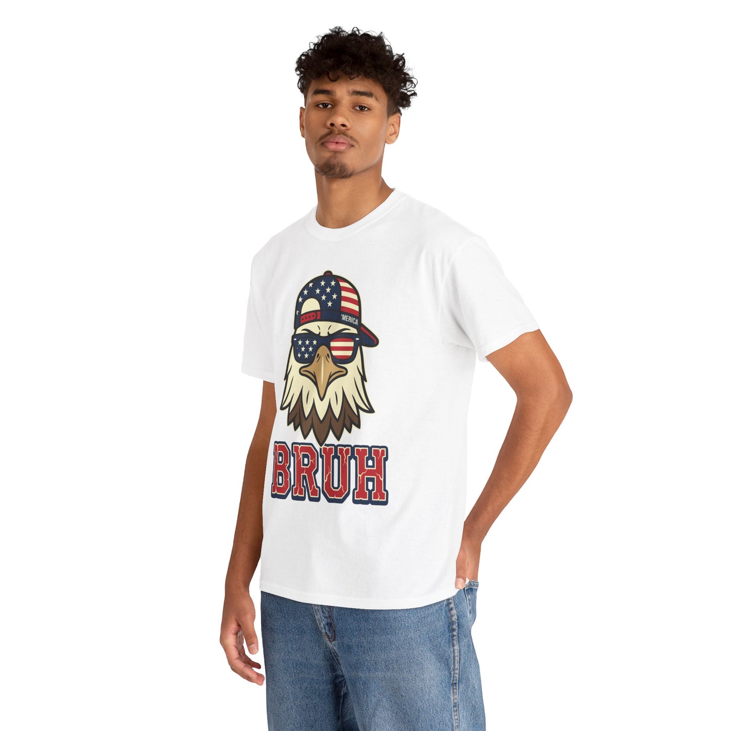 Men's 4th of July Shirts, Funny Merica Bruh Eagle Patriotic T-shirt | TEEZOCA T-shirt with a men's 4th of July shirts design featuring a bald eagle, flag sunglasses, Merica cap, and BRUH text.
