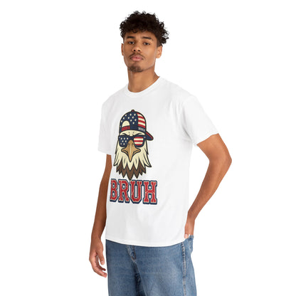 Men's 4th of July Shirts, Funny Merica Bruh Eagle Patriotic T-shirt | TEEZOCA T-shirt with a men's 4th of July shirts design featuring a bald eagle, flag sunglasses, Merica cap, and BRUH text.
