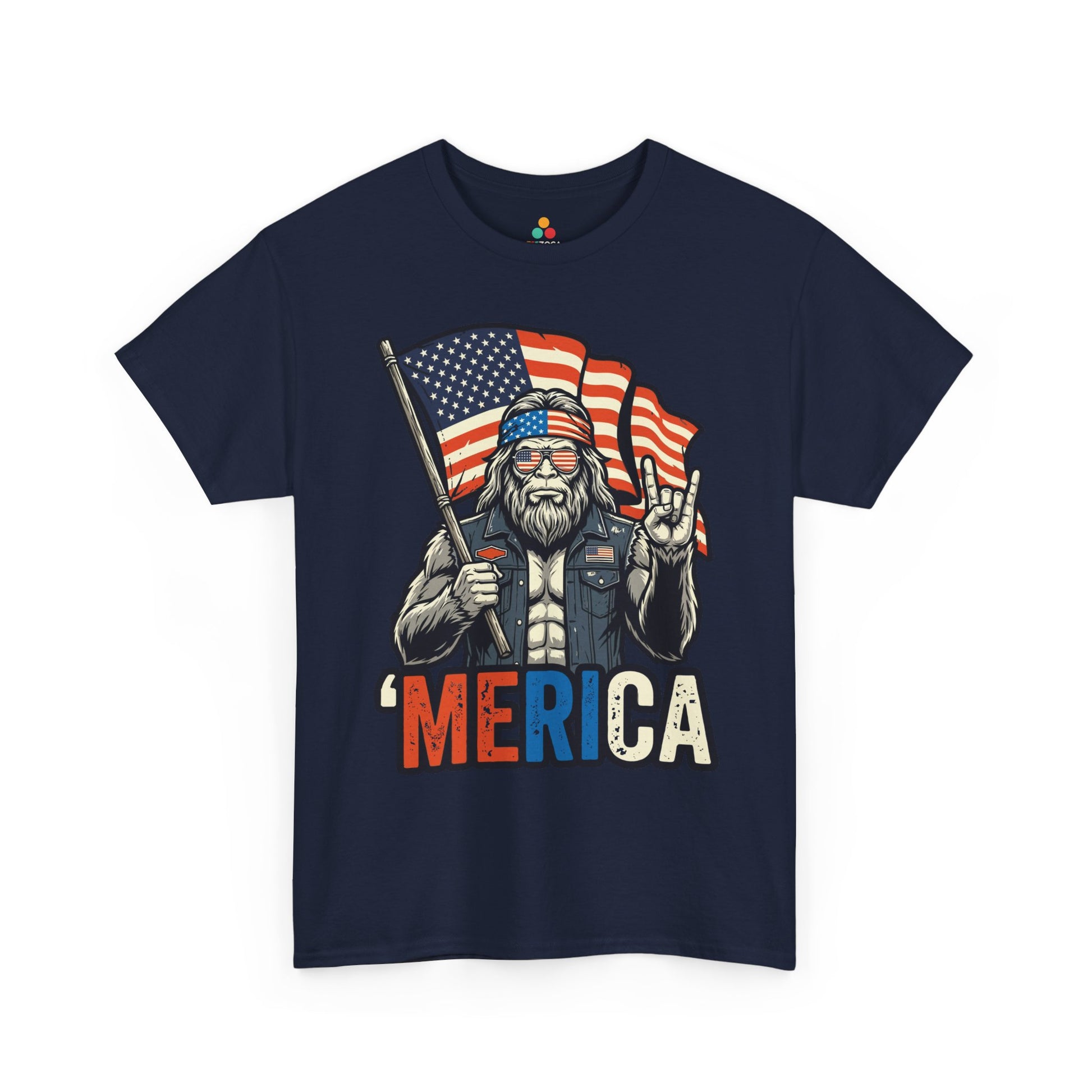 Merica Bigfoot shirt T-shirt from TEEZOCA with Sasquatch sunglasses, flag headband, and funny patriotic artwork.
