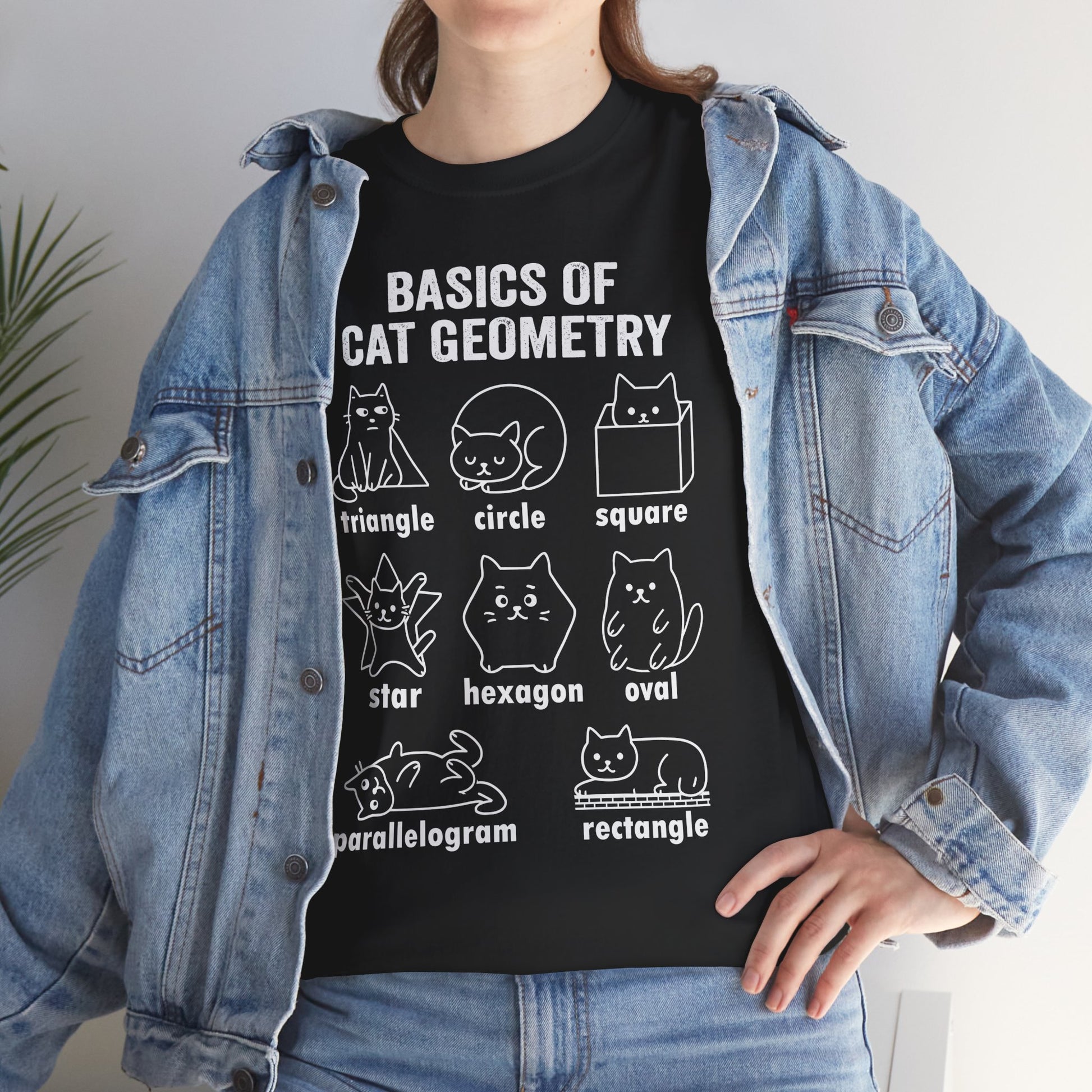 Model in TEEZOCA black "Basics of Cat Geometry" shirt, open overshirt lifestyle look. Cat Geometry Funny Math Shapes Teacher Student Lover Dad Mom Back School T-Shirt 