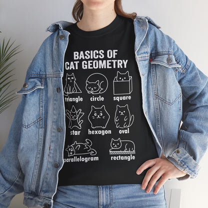 Model in TEEZOCA black "Basics of Cat Geometry" shirt, open overshirt lifestyle look. Cat Geometry Funny Math Shapes Teacher Student Lover Dad Mom Back School T-Shirt 