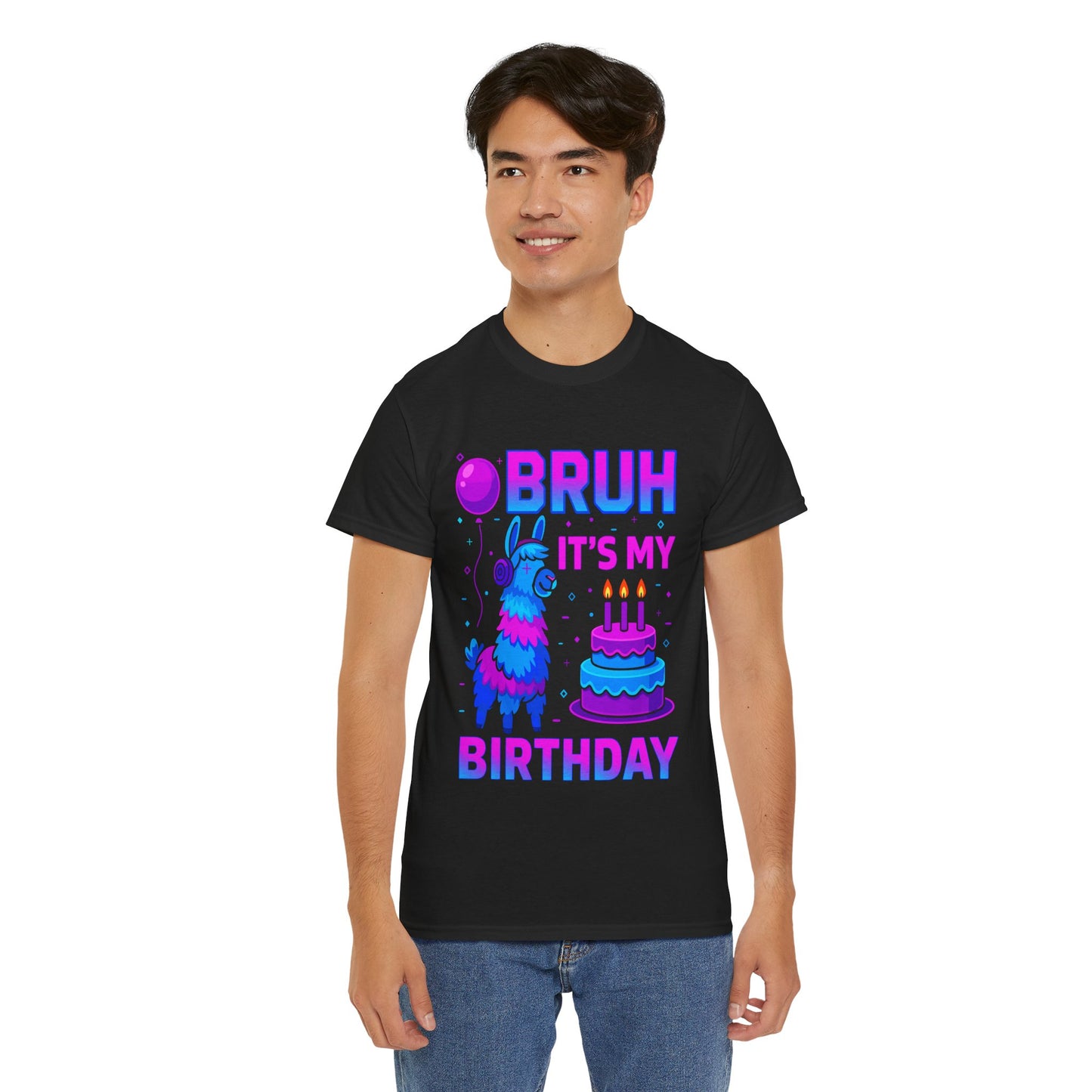 “Model wearing Teezoca Bruh It’s My Birthday llama birthday cake party shirt, trendy neon design, funny birthday gift tee”

