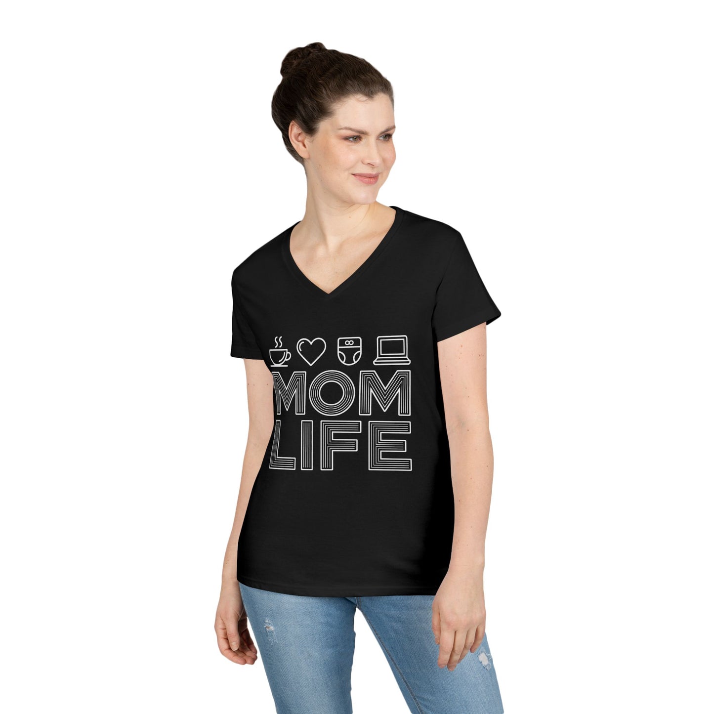 Mom Life Icons V-Neck T-Shirt for Busy Moms with Style & Attitude | TEEZOCA 