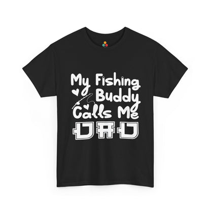 “My Fishing Buddy Calls Me Dad black t‑shirt mockup, bold white typography fishing Father’s Day design, flat front view on plain background – Teezoca POD apparel.”