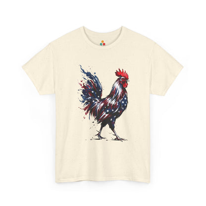 Natural TEEZOCA T-Shirt featuring a bold watercolor-style rooster painted in red, white, and blue American flag colors with stars and paint splashes on white fabric.