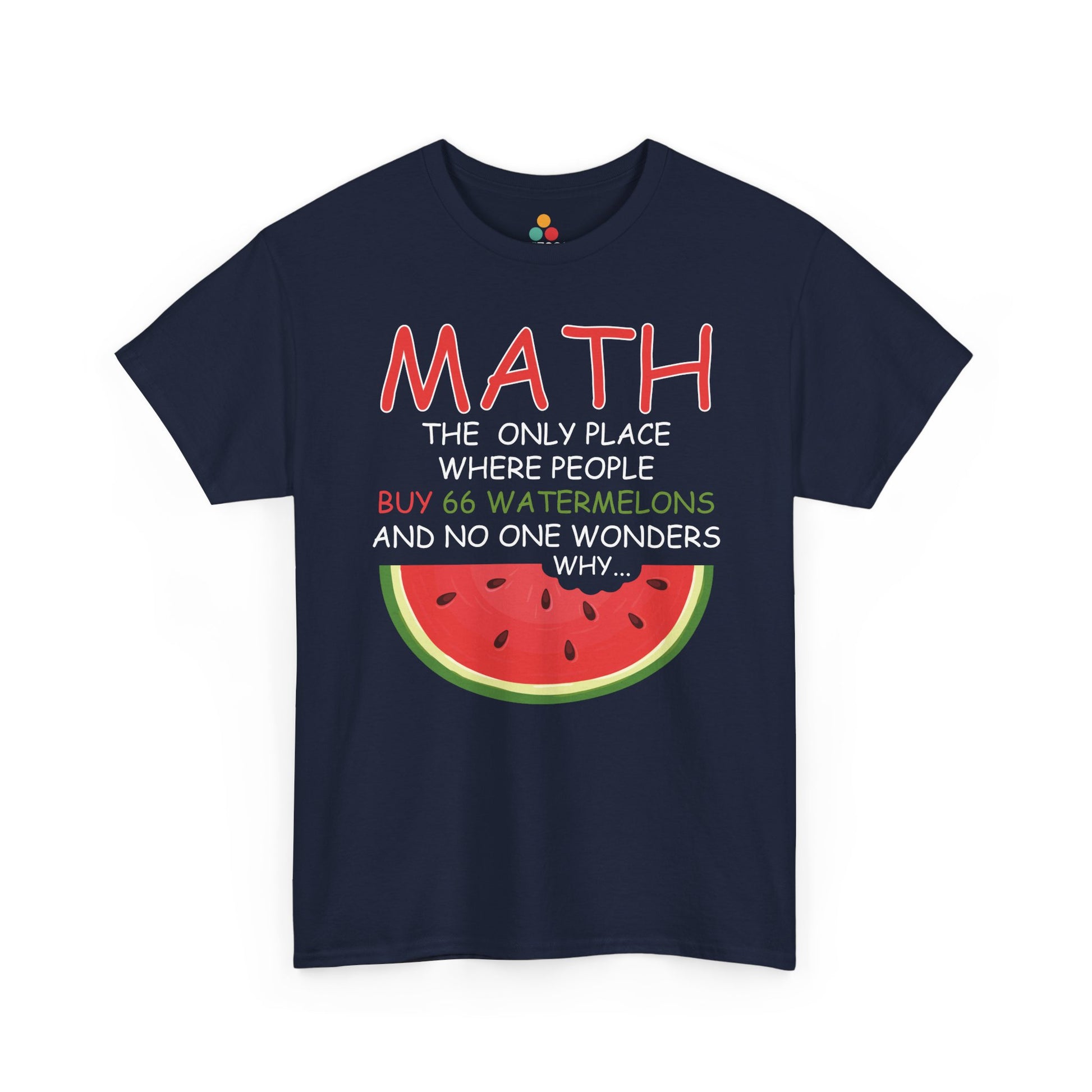 Navy blue t-shirt with a watermelon graphic and humorous text on a white background