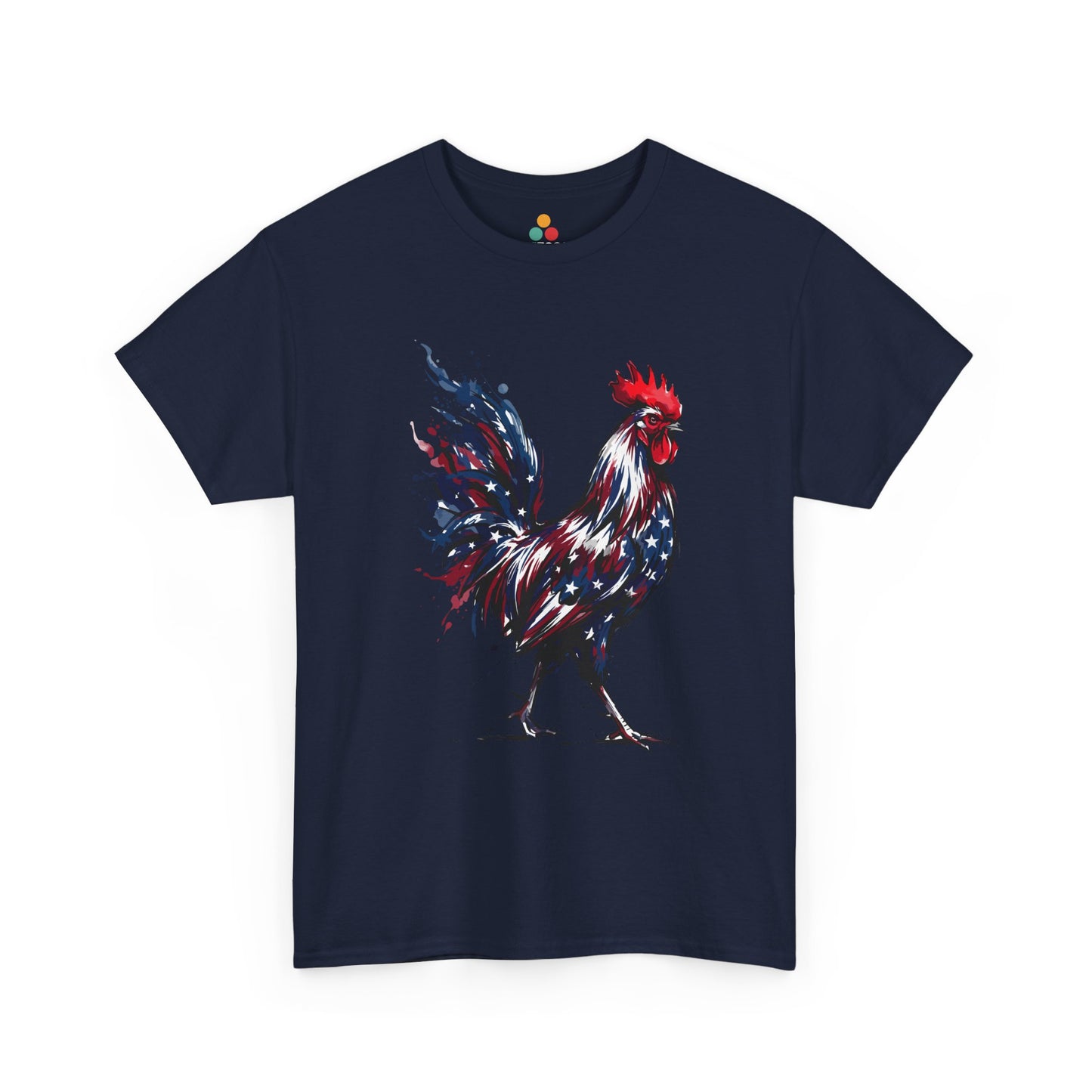 Navy Blue TEEZOCA T-Shirt featuring a bold watercolor-style rooster painted in red, white, and blue American flag colors with stars and paint splashes on white fabric.