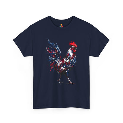 Navy Blue TEEZOCA T-Shirt featuring a bold watercolor-style rooster painted in red, white, and blue American flag colors with stars and paint splashes on white fabric.