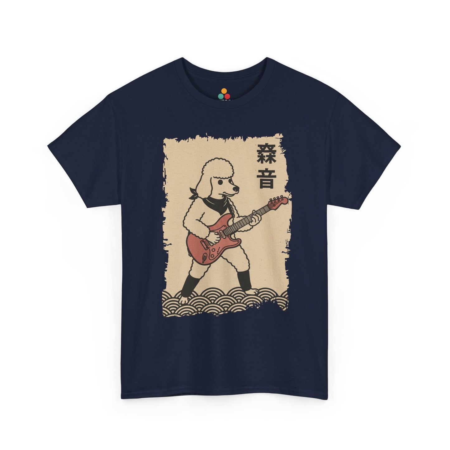 Navy Blue t-shirt with a graphic of a Vintage Japanese ukiyo-e style poodle playing electric guitar with wave pattern.​

