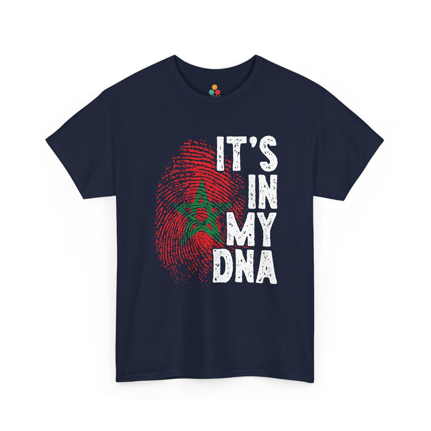  Navy T-shirt featuring a red and green fingerprint in the design of the Moroccan flag with the star symbol, paired with the phrase "It's In My DNA," a Moroccan pride heritage shirt and cultural identity tee.


