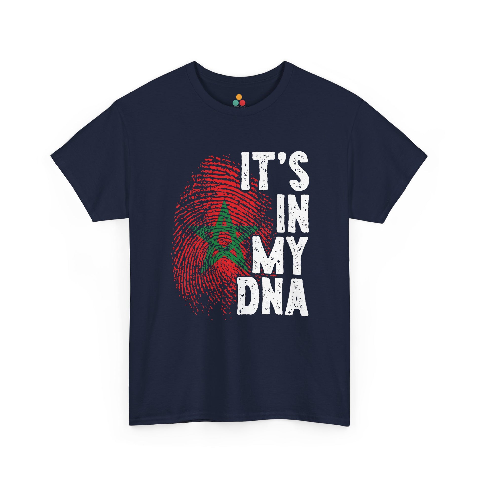  Navy T-shirt featuring a red and green fingerprint in the design of the Moroccan flag with the star symbol, paired with the phrase "It's In My DNA," a Moroccan pride heritage shirt and cultural identity tee.


