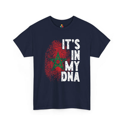 Navy T-shirt featuring a red and green fingerprint in the design of the Moroccan flag with the star symbol, paired with the phrase "It's In My DNA," a Moroccan pride heritage shirt and cultural identity tee.


