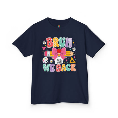 Navy TEEZOCA Bruh We Back Fifth Grade kids shirt, a funny first day of school tee for a new fifth grader.
