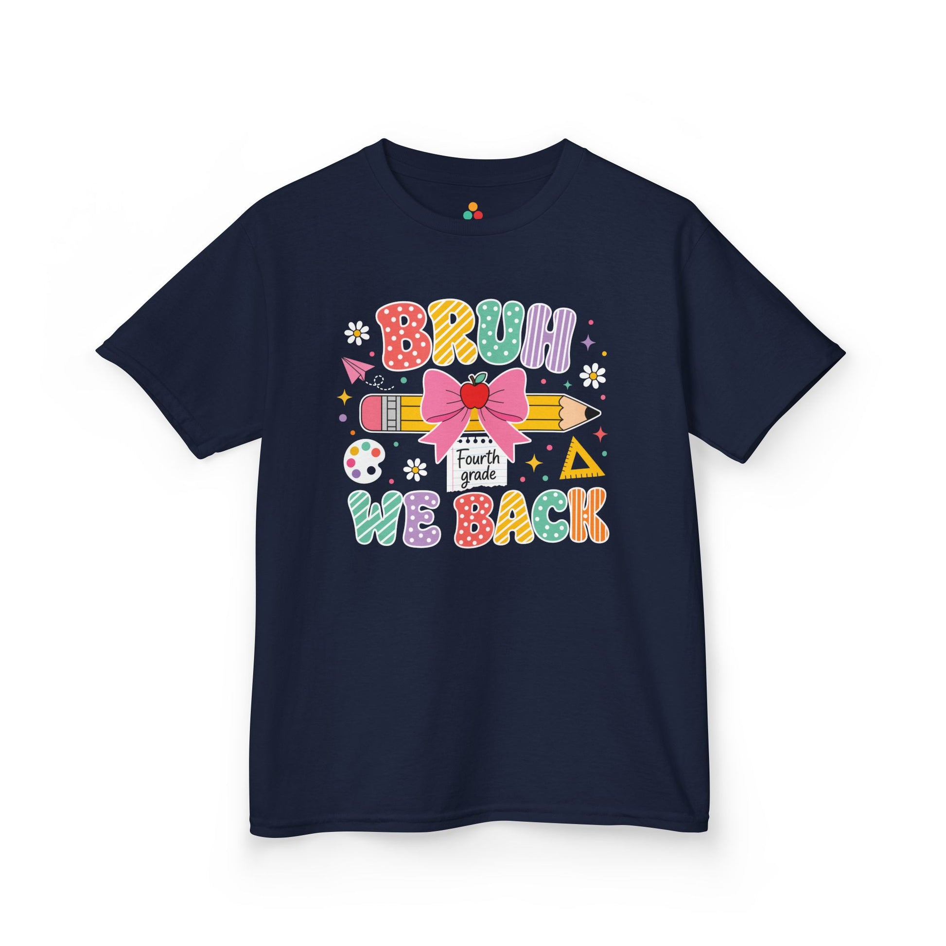 Navy TEEZOCA Bruh We Back Fourth Grade kids shirt, a funny first day of school tee for a new fourth grader.

