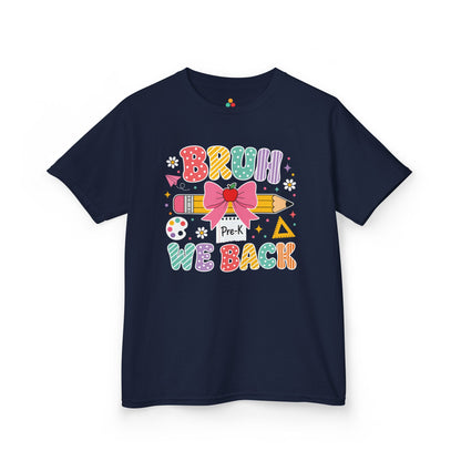 Navy TEEZOCA Bruh We Back Pre-K kids shirt, a funny first day of school tee for a new pre-k kid.
