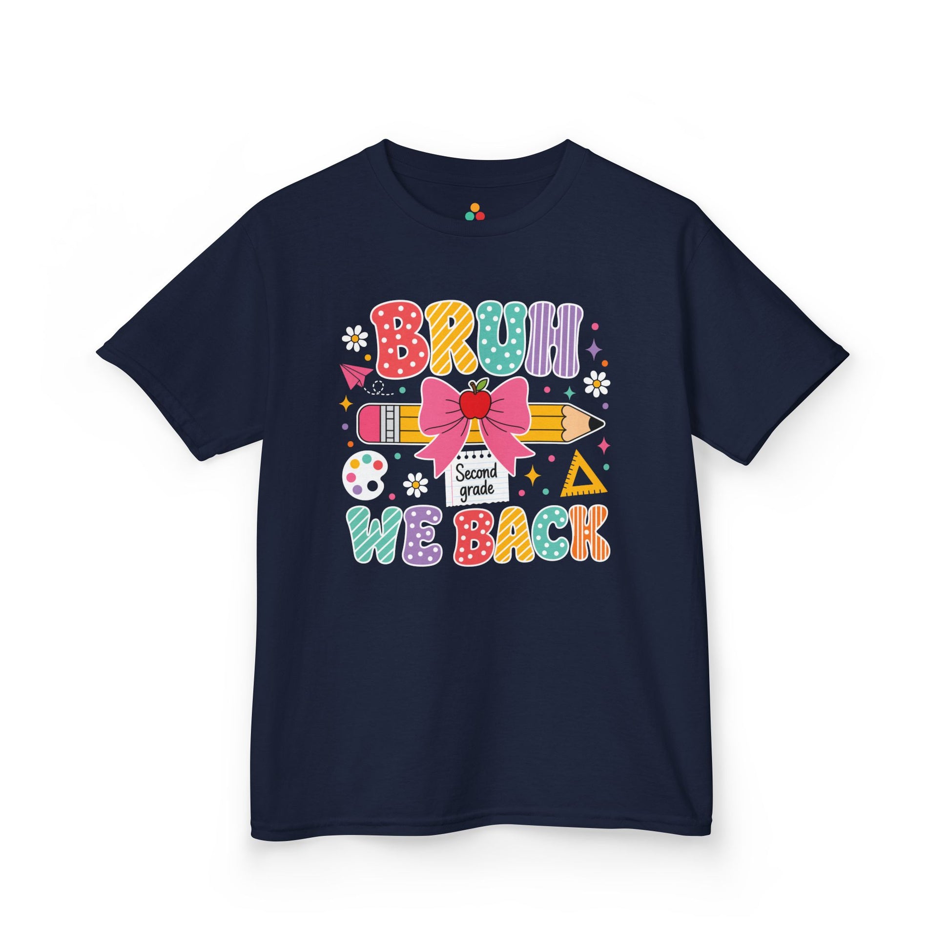 Navy TEEZOCA Bruh We Back Second Grade kids shirt, a funny first day of school tee for a new second grader.
