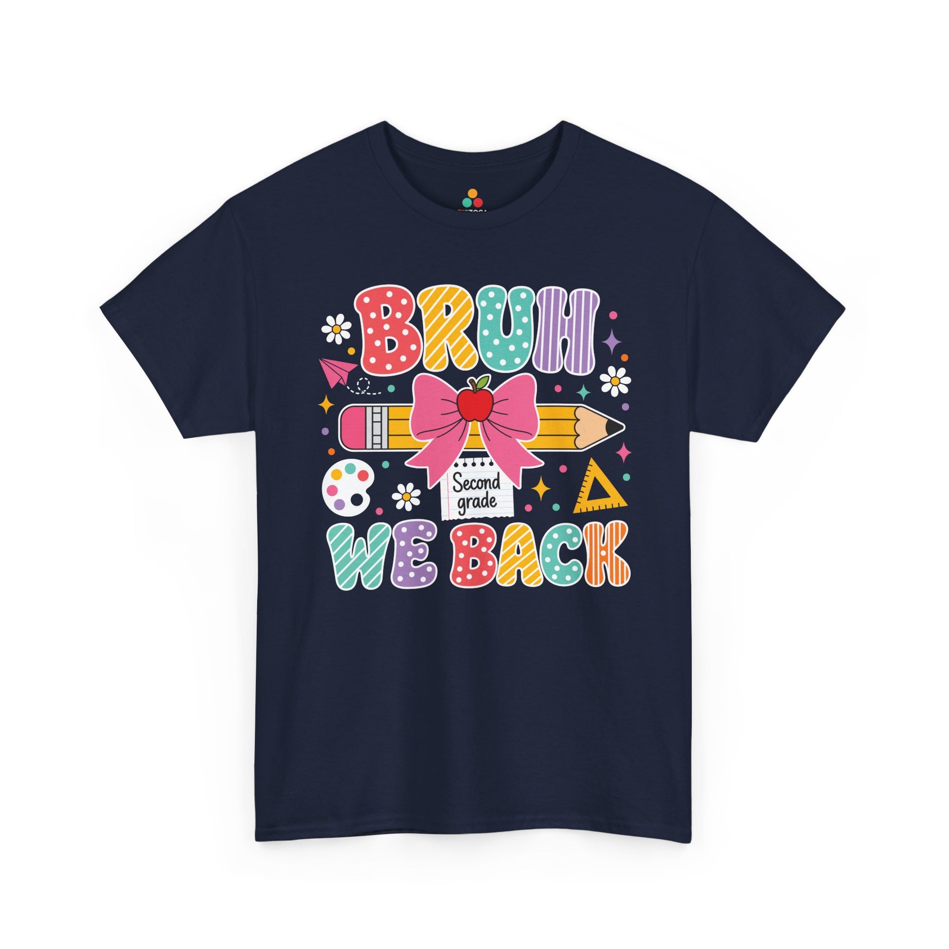Navy TEEZOCA Bruh We Back Second Grade shirt, a funny back to school tee for a second grade teacher.
