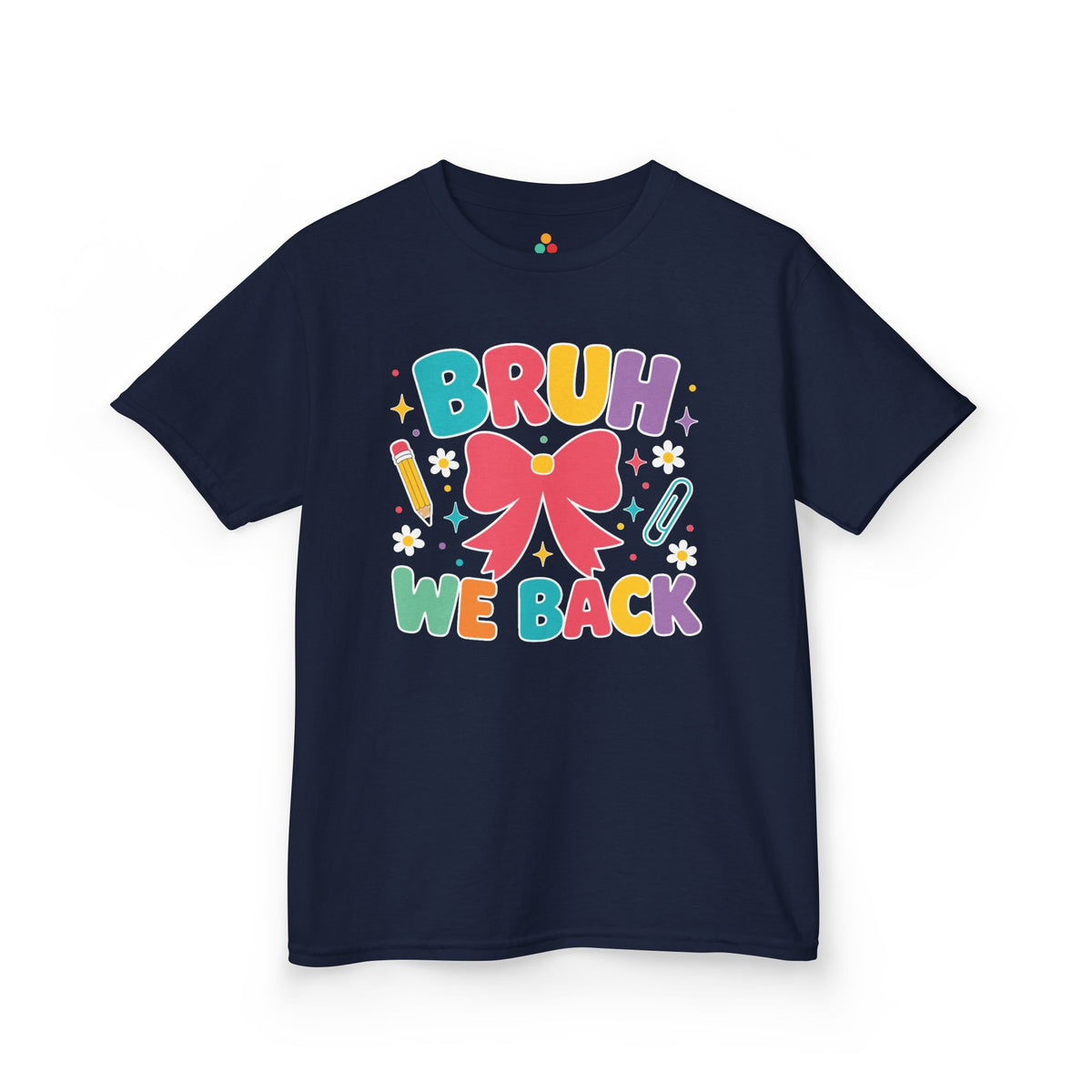 Navy TEEZOCA Bruh We Back coquette kids shirt with a bow, a cute funny back to school tee.
