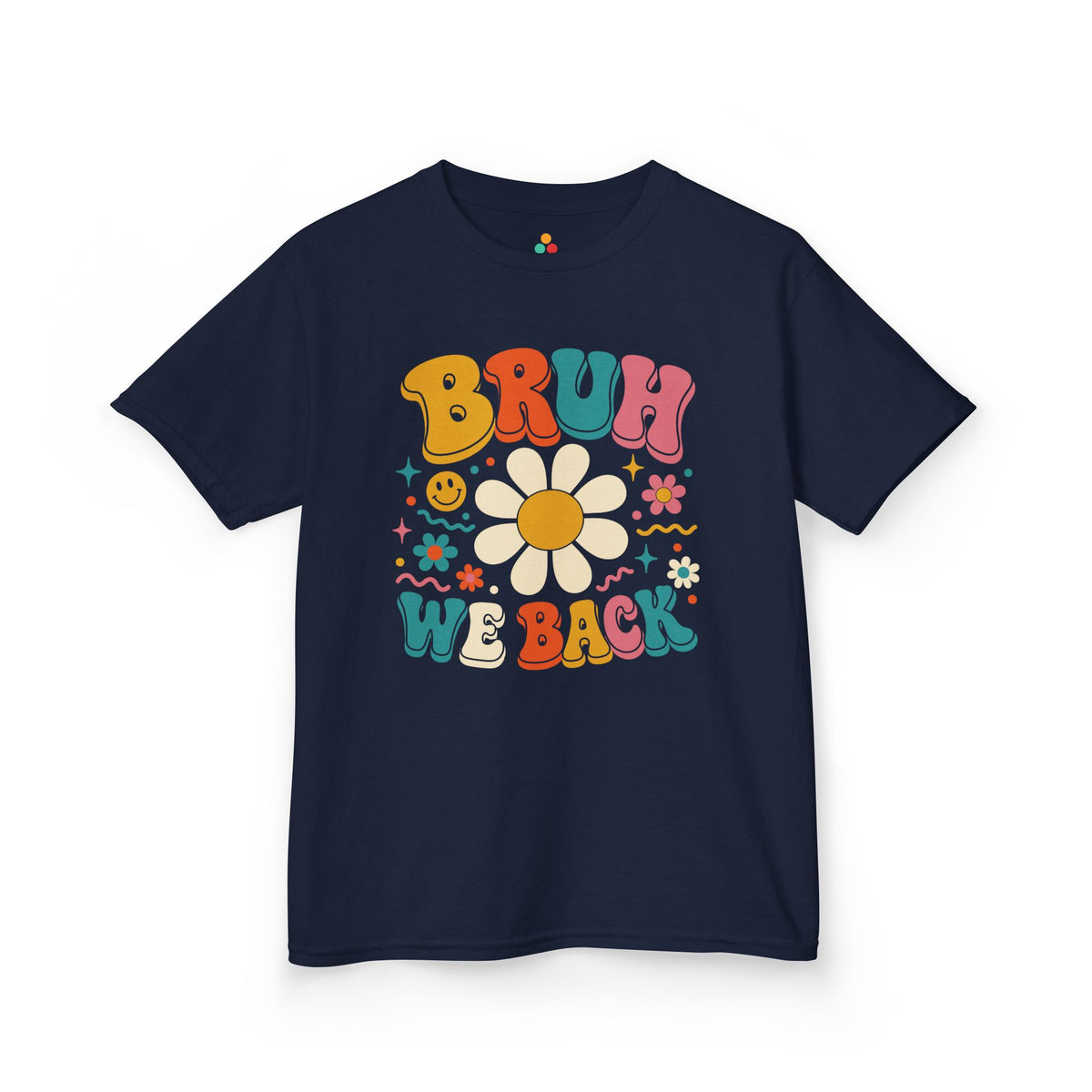 Navy TEEZOCA Bruh We Back groovy kids shirt, the kind of funny retro back to school tee found on Amazon and Etsy.

