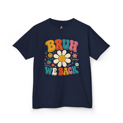 Navy TEEZOCA Bruh We Back groovy kids shirt, the kind of funny retro back to school tee found on Amazon and Etsy.
