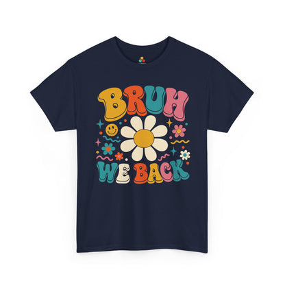 Navy TEEZOCA Bruh We Back groovy shirt, the kind of funny retro back to school tee found on Amazon and Etsy.
