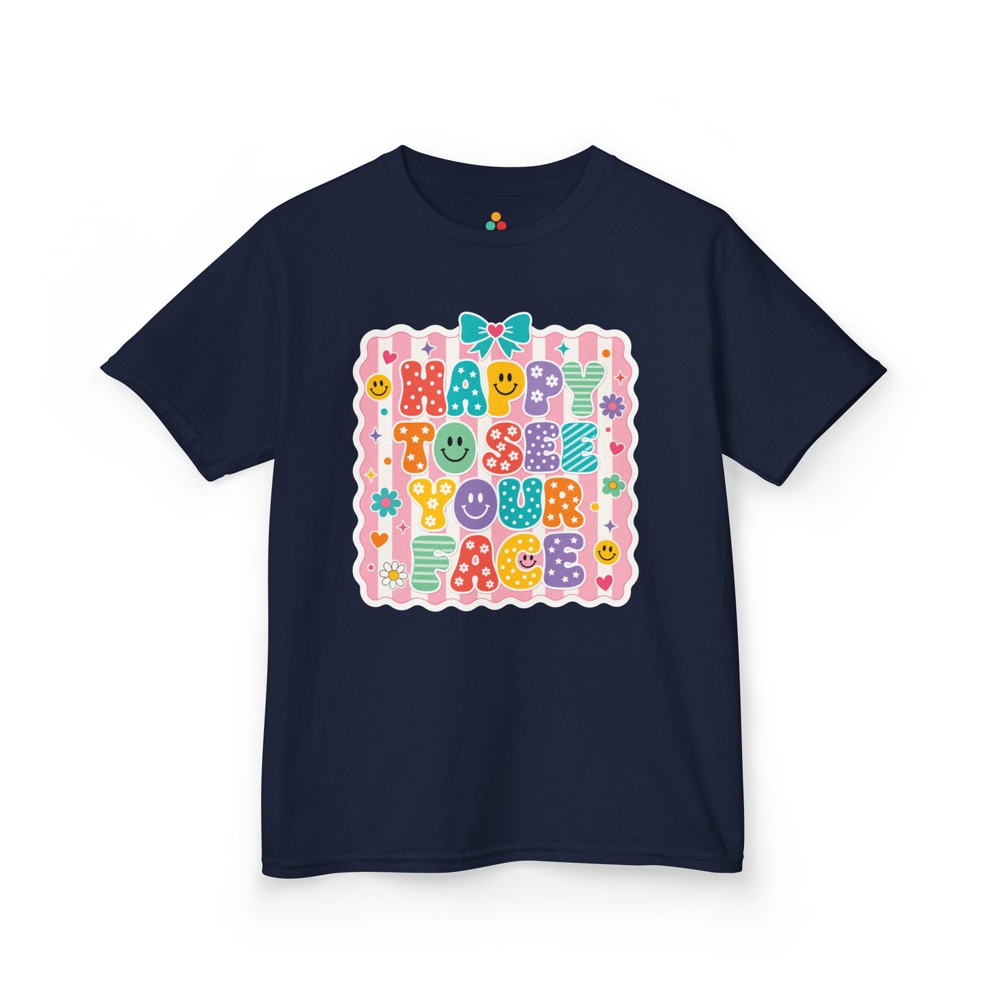 Navy TEEZOCA Happy to See Your Face bow kids shirt, a matching cheerful tee for first-day-of-school photos.
