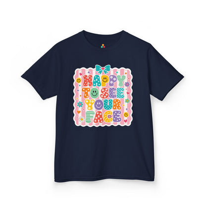 Navy TEEZOCA Happy to See Your Face bow kids shirt, a matching cheerful tee for first-day-of-school photos.
