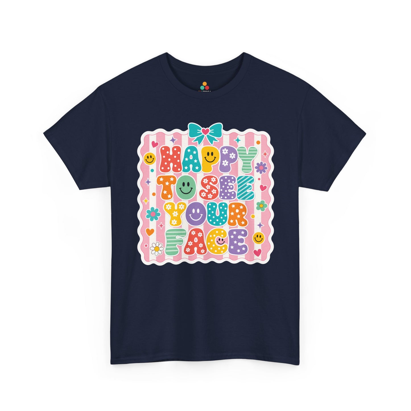 Navy TEEZOCA Happy to See Your Face bow shirt, a matching teacher tee for the first day of school.
