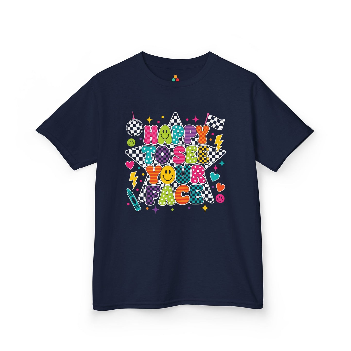 Navy TEEZOCA Happy to See Your Face kids shirt, a matching cheerful tee for first-day-of-school photos.
