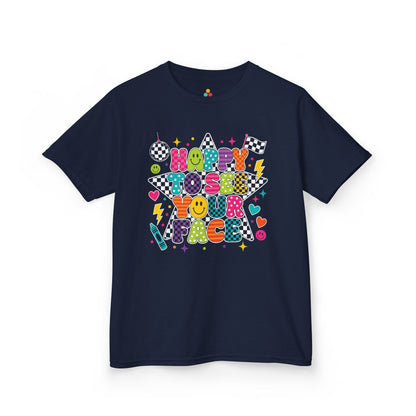 Navy TEEZOCA Happy to See Your Face kids shirt, a matching cheerful tee for first-day-of-school photos.
