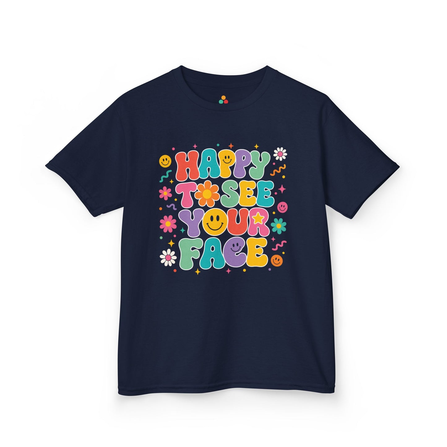 Navy TEEZOCA Happy to See Your Face retro kids shirt, a matching cheerful tee for first-day-of-school photos.
