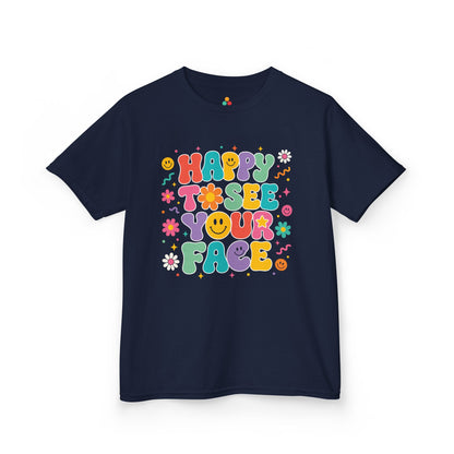 Navy TEEZOCA Happy to See Your Face retro kids shirt, a matching cheerful tee for first-day-of-school photos.
