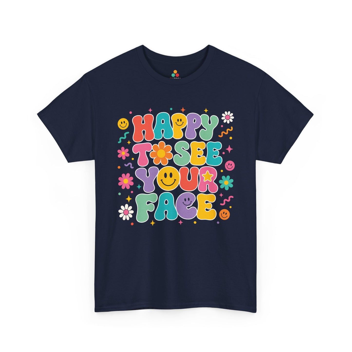 Navy TEEZOCA Happy to See Your Face retro shirt, a matching teacher tee for the first day of school.

