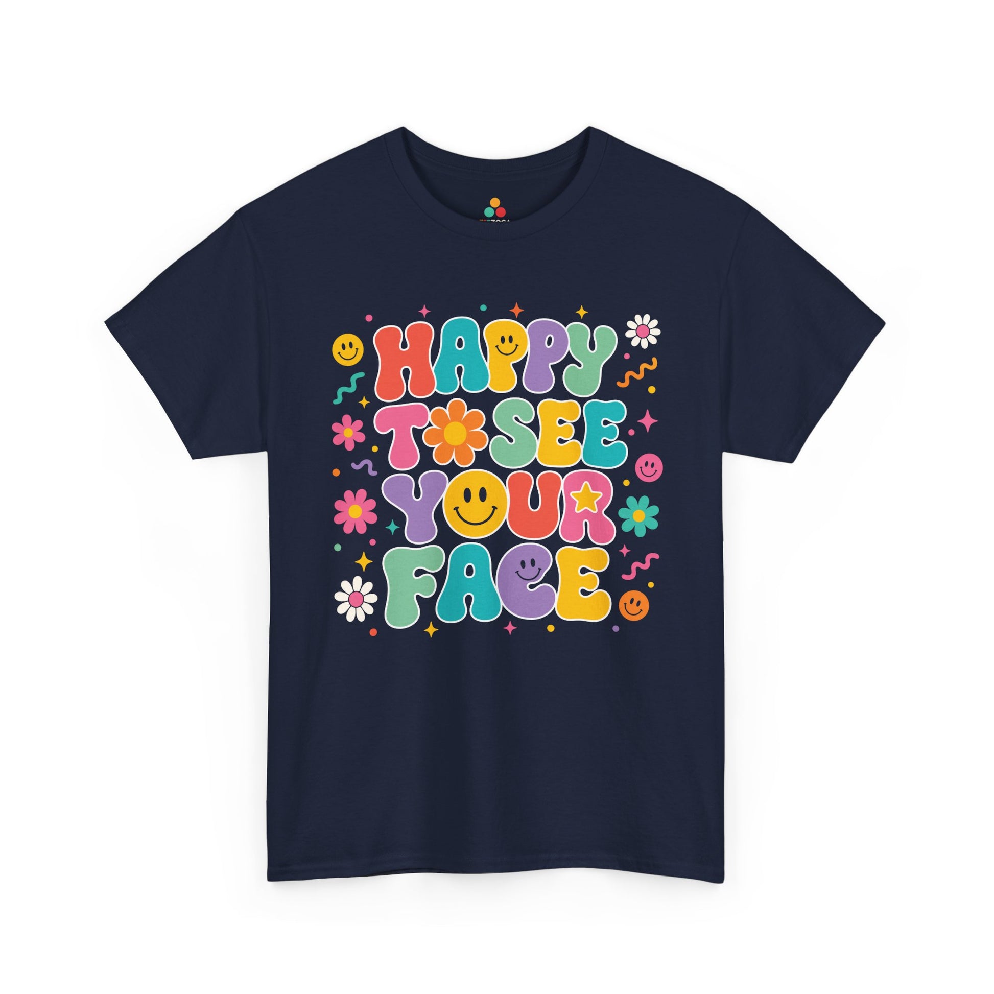 Navy TEEZOCA Happy to See Your Face retro shirt, a matching teacher tee for the first day of school.
