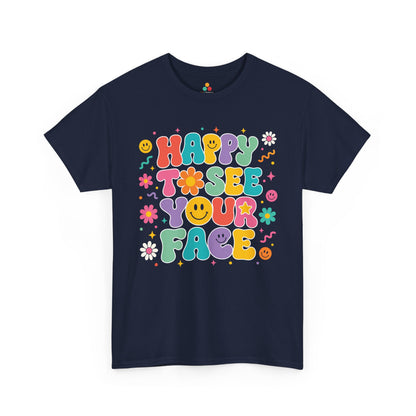 Navy TEEZOCA Happy to See Your Face retro shirt, a matching teacher tee for the first day of school.

