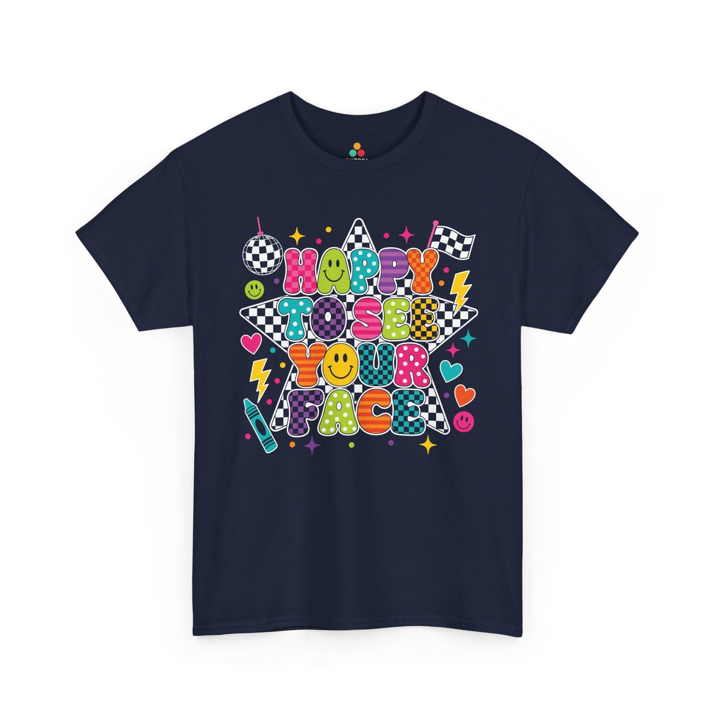Navy TEEZOCA Happy to See Your Face shirt, a matching teacher tee for the first day of school.
