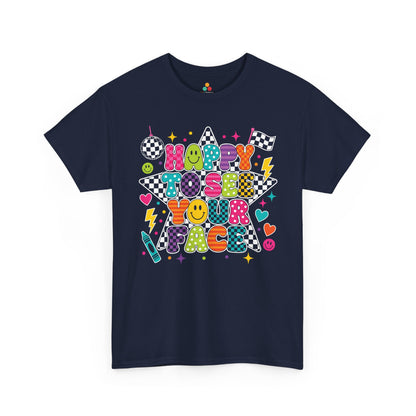 Navy TEEZOCA Happy to See Your Face shirt, a matching teacher tee for the first day of school.
