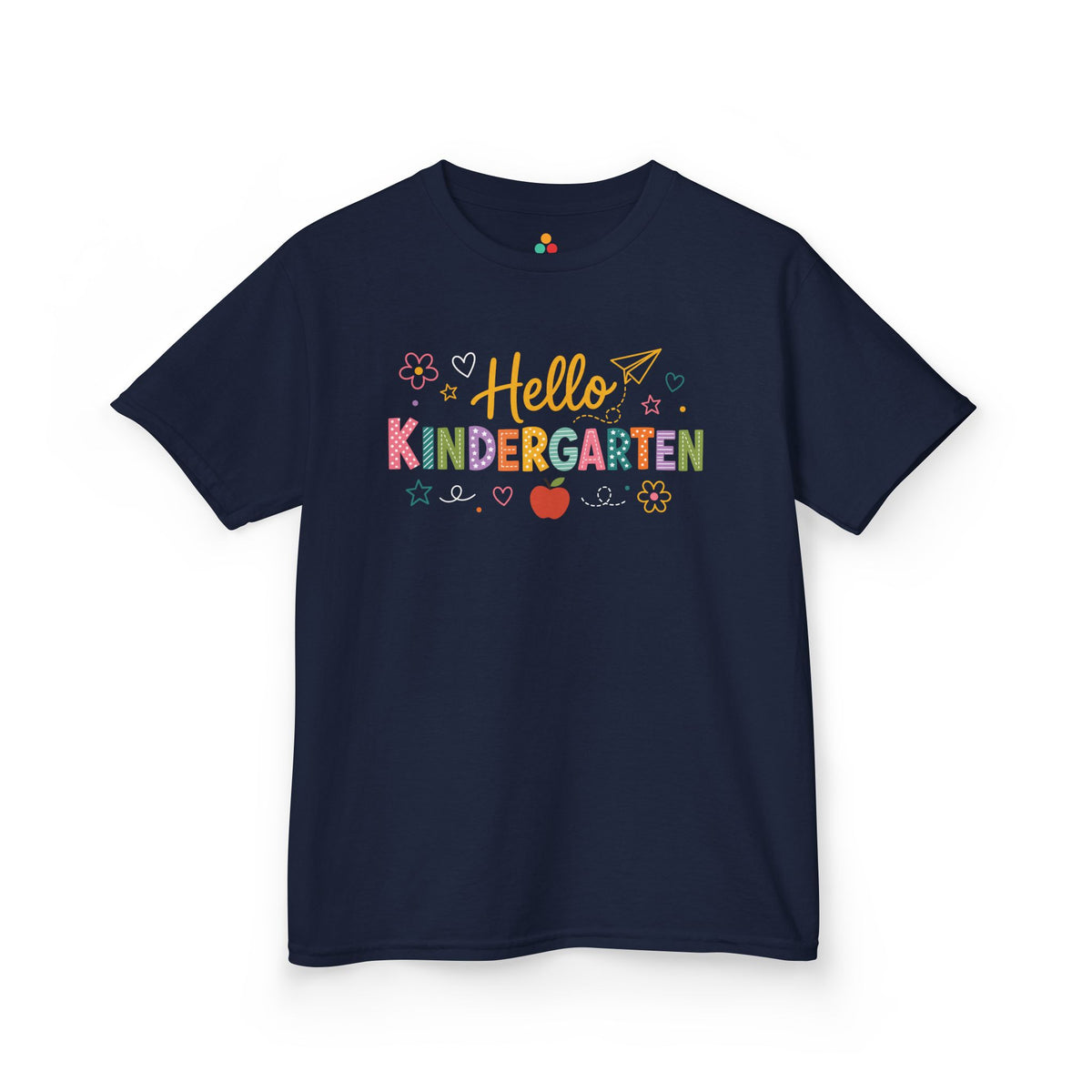 Navy TEEZOCA Hello Kindergarten kids shirt, a matching first-day tee for first-day-of-school photos.
