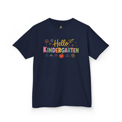 Navy TEEZOCA Hello Kindergarten kids shirt, a matching first-day tee for first-day-of-school photos.
