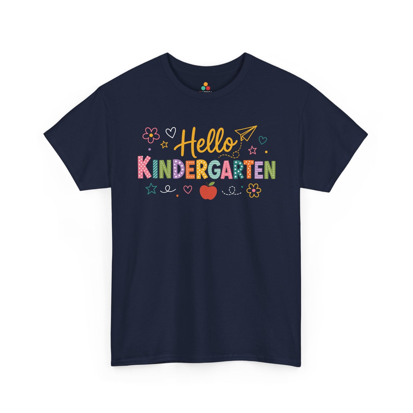 Navy TEEZOCA Hello Kindergarten shirt, a matching teacher tee for first-day-of-school photos.
