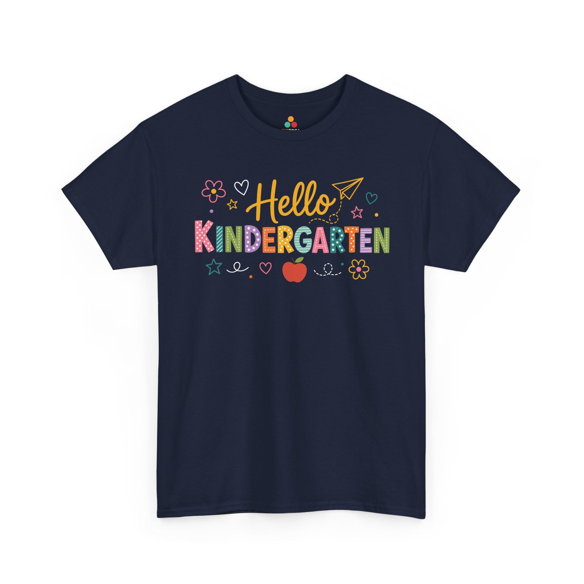 Navy TEEZOCA Hello Kindergarten shirt, a matching teacher tee for first-day-of-school photos.

