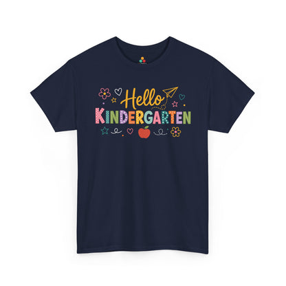 Navy TEEZOCA Hello Kindergarten shirt, a matching teacher tee for first-day-of-school photos.
