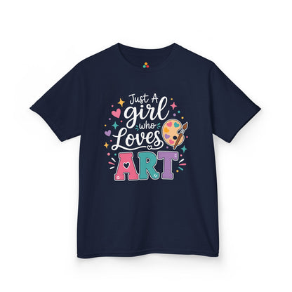 Navy TEEZOCA Just a Girl Who Loves Art kids shirt, a cute girls art tee for the first day of school.
