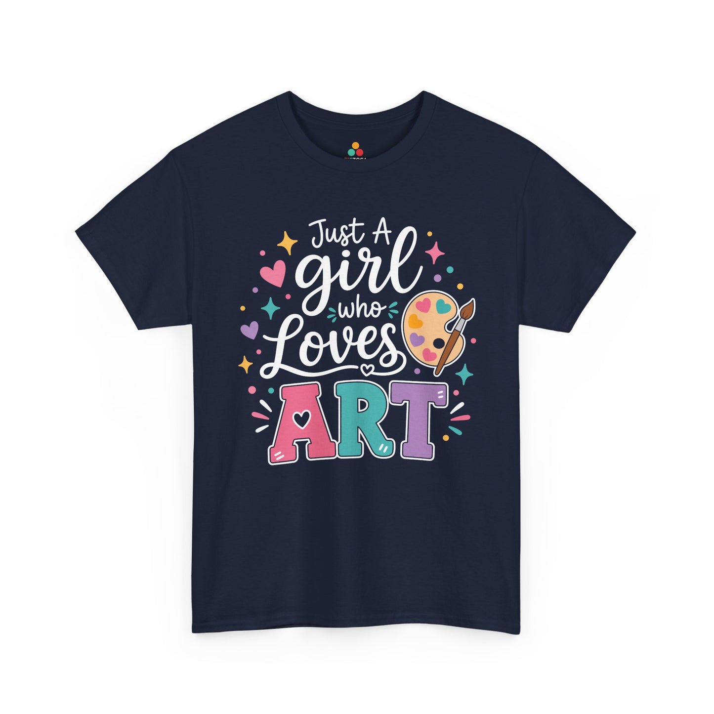 Navy TEEZOCA Just a Girl Who Loves Art shirt, a cute art teacher tee for the first day of school.
