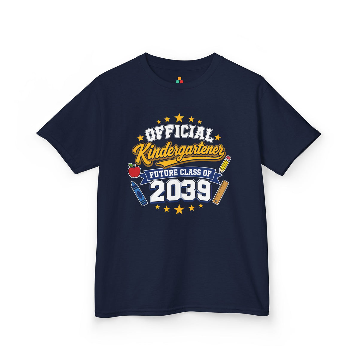 Navy TEEZOCA Official Kindergartener Future Class of 2039 kids shirt, a keepsake back to school tee for first-day photos.
