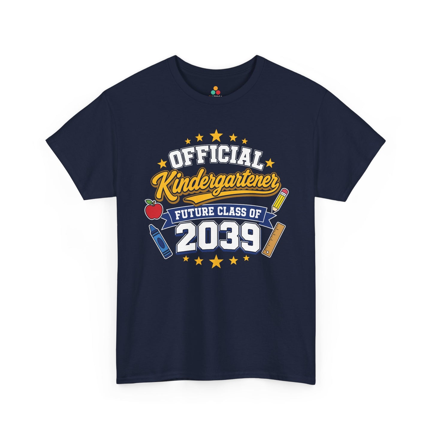 Navy TEEZOCA Official Kindergartener Future Class of 2039 shirt, a keepsake back to school tee for first-day photos.
